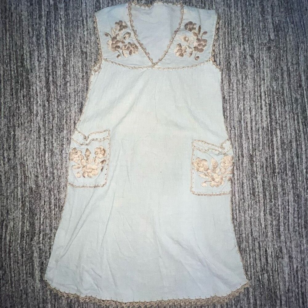 VTG  Women’s Sz Medium‎ Dress Light Green Sleeveless Embroidered Hippie Cottage
